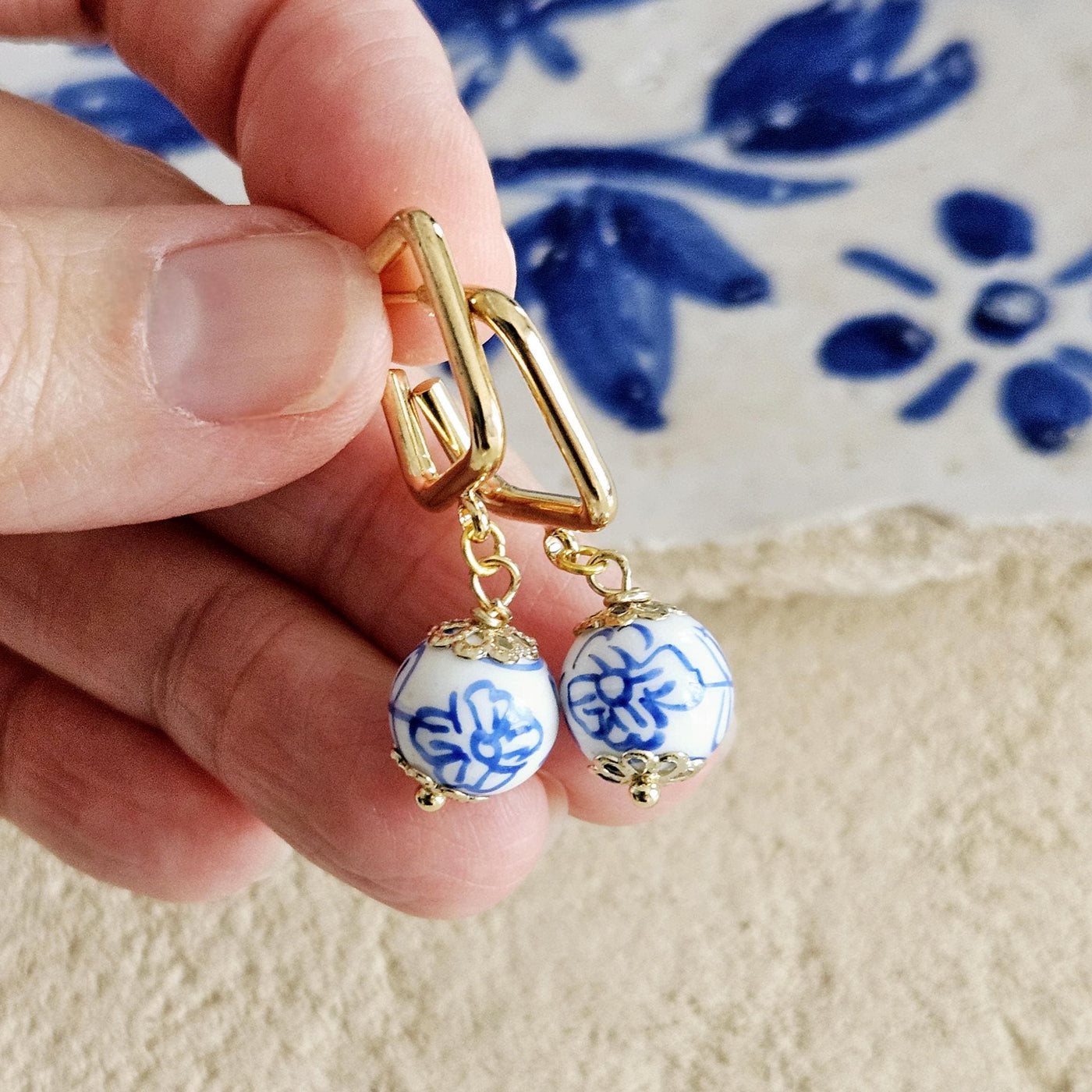 Geometric Square HOOP GOLD Ceramic Handpainted Flower Globe Bead Earring Porcelain Blue White Jewelry Flower Earring Pottery Birthday Gift