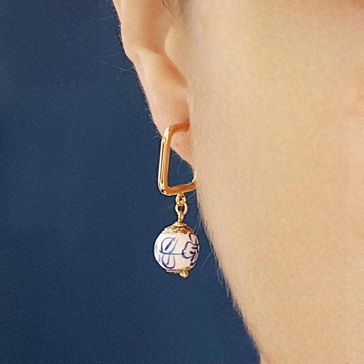 Geometric Square HOOP GOLD Ceramic Handpainted Flower Globe Bead Earring Porcelain Blue White Jewelry Flower Earring Pottery Birthday Gift