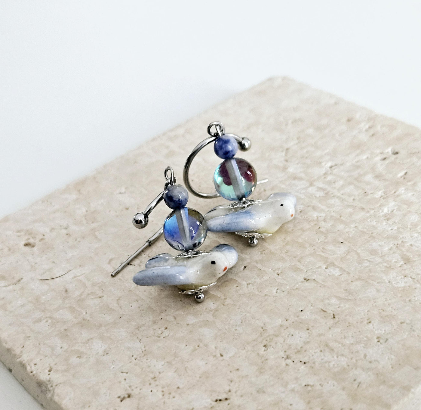 Ceramic Swallow Charm Hoop Earrings Bird Blue STEEL Earring Labradorite Stone Bead Earring Pigeon Ceramic Bird Jewelry Gift Portuguese Gift