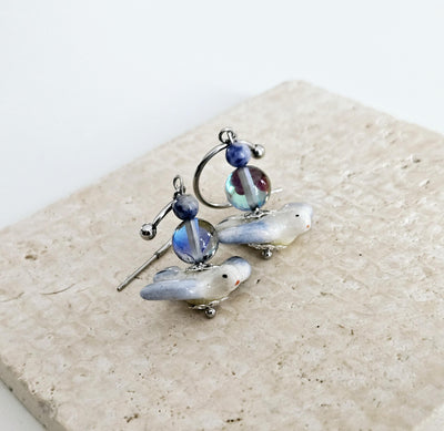 Ceramic Swallow Charm Hoop Earrings Bird Blue STEEL Earring Labradorite Stone Bead Earring Pigeon Ceramic Bird Jewelry Gift Portuguese Gift