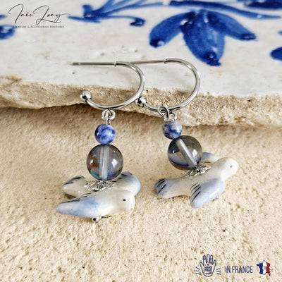 Ceramic Swallow Charm Hoop Earrings Bird Blue STEEL Earring Labradorite Stone Bead Earring Pigeon Ceramic Bird Jewelry Gift Portuguese Gift