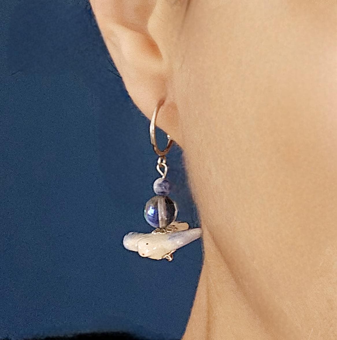 Ceramic Swallow Charm Hoop Earrings Bird Blue STEEL Earring Labradorite Stone Bead Earring Pigeon Ceramic Bird Jewelry Gift Portuguese Gift