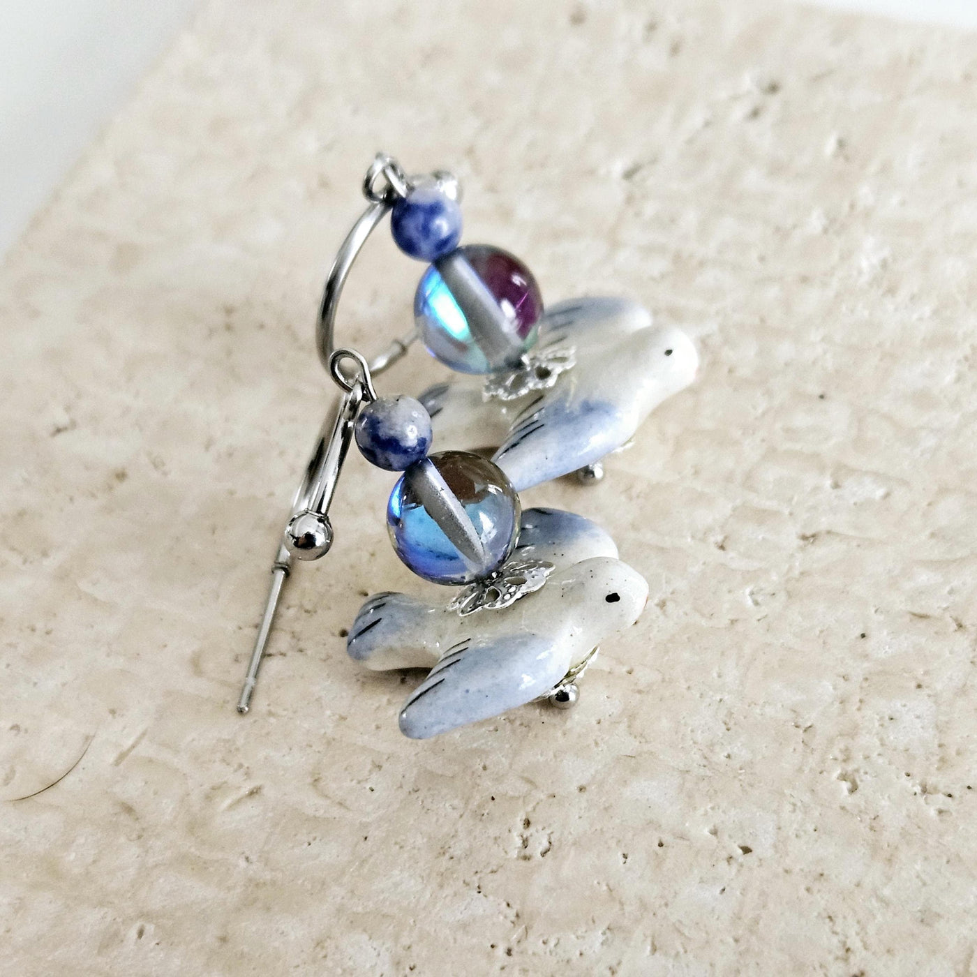 Ceramic Swallow Charm Hoop Earrings Bird Blue STEEL Earring Labradorite Stone Bead Earring Pigeon Ceramic Bird Jewelry Gift Portuguese Gift