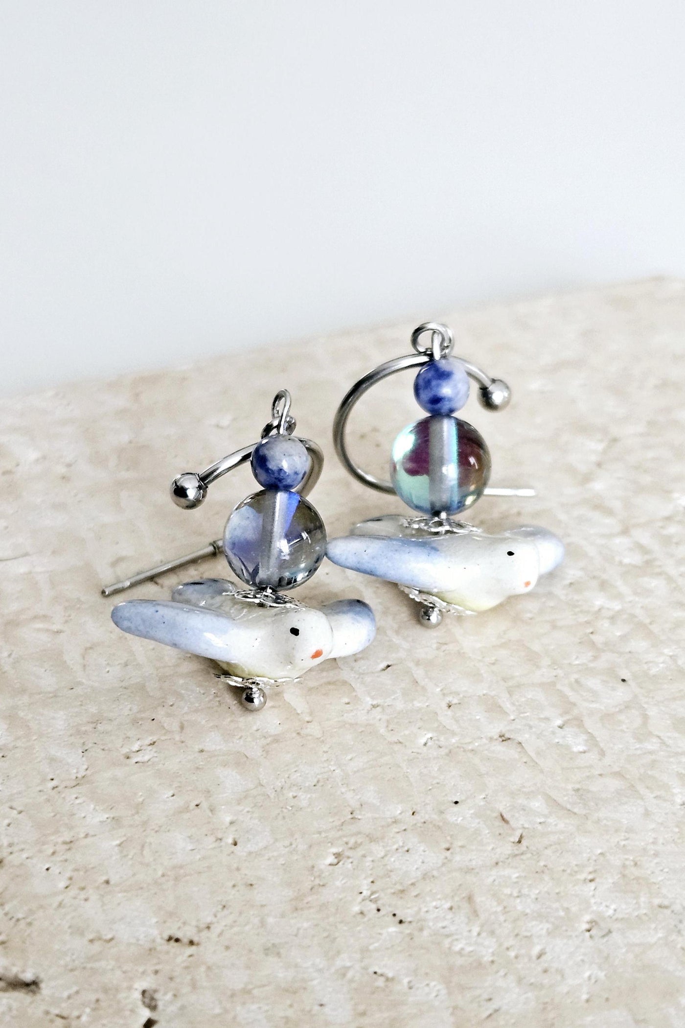 Ceramic Swallow Charm Hoop Earrings Bird Blue STEEL Earring Labradorite Stone Bead Earring Pigeon Ceramic Bird Jewelry Gift Portuguese Gift