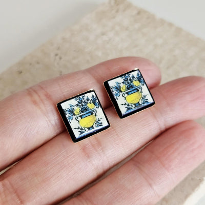 Flower Antique Portugal Tile Silver Stud Earring Small Square Tile Post Portuguese Azulejo Geometric Yellow Earring Gift Handmade Jewelry