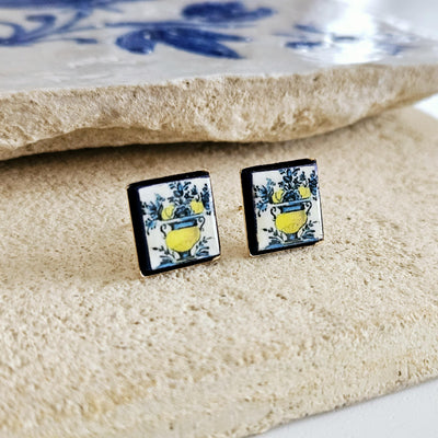 Flower Antique Portugal Tile Silver Stud Earring Small Square Tile Post Portuguese Azulejo Geometric Yellow Earring Gift Handmade Jewelry