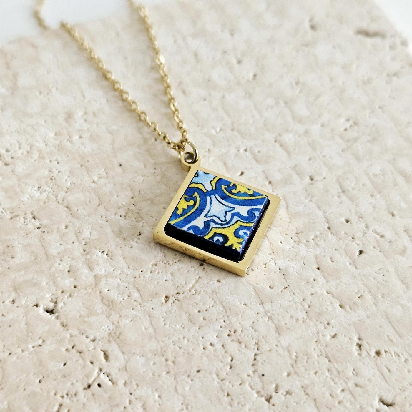 Portugal Azulejo GOLD Jewelry Gift Set Tile Pendant Earring Portuguese Blue Yellow Charm Silver Steel Square Necklace Tile Handmade Gift