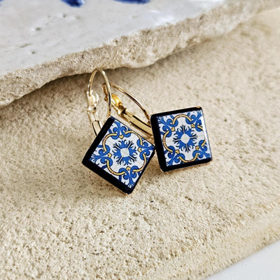 Portugal Azulejo Earring Blue Yellow Tile GOLD Drop Earring Square Geometric Earring Majolica Tile Pattern Antique Tile Earring Wife Gift