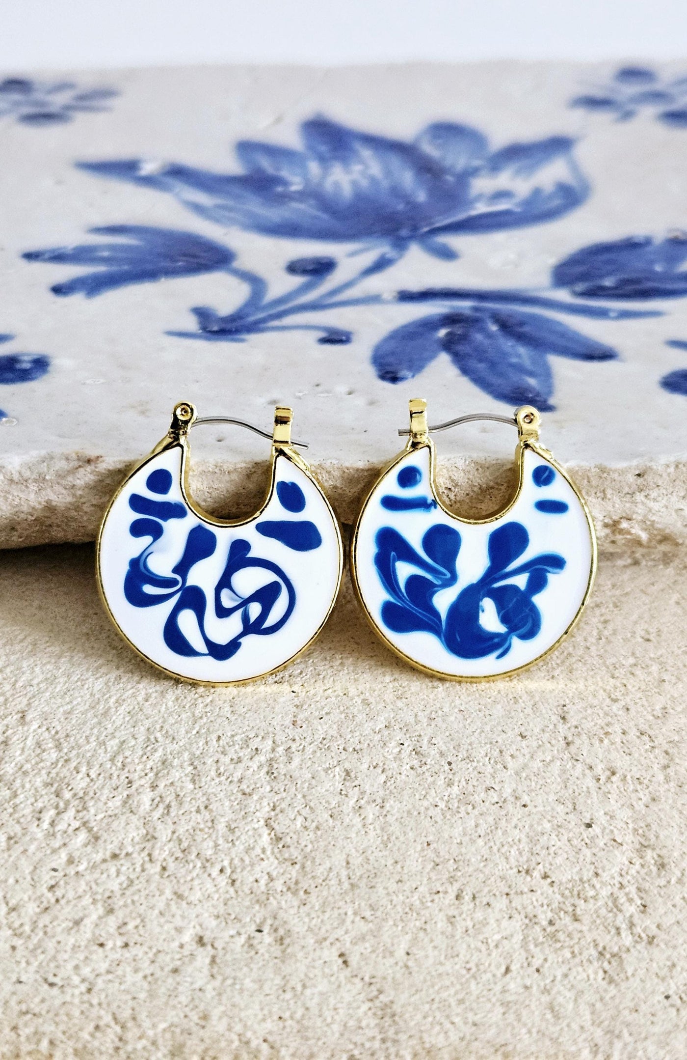 Gold Hoop Earrings Blue White Enamel Portugal Ocean Wave Pattern Handcrafted Unique Gift for Her Anniversary Jewelry Mediterranean Gift