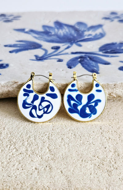 Gold Hoop Earrings Blue White Enamel Portugal Ocean Wave Pattern Handcrafted Unique Gift for Her Anniversary Jewelry Mediterranean Gift