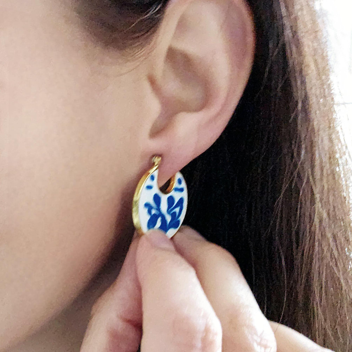 Gold Hoop Earrings Blue White Enamel Portugal Ocean Wave Pattern Handcrafted Unique Gift for Her Anniversary Jewelry Mediterranean Gift