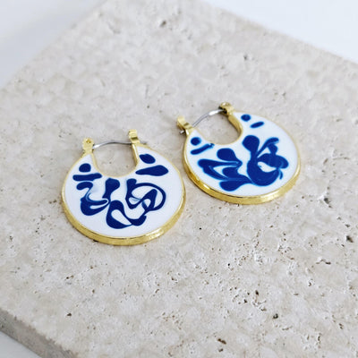 Gold Hoop Earrings Blue White Enamel Portugal Ocean Wave Pattern Handcrafted Unique Gift for Her Anniversary Jewelry Mediterranean Gift