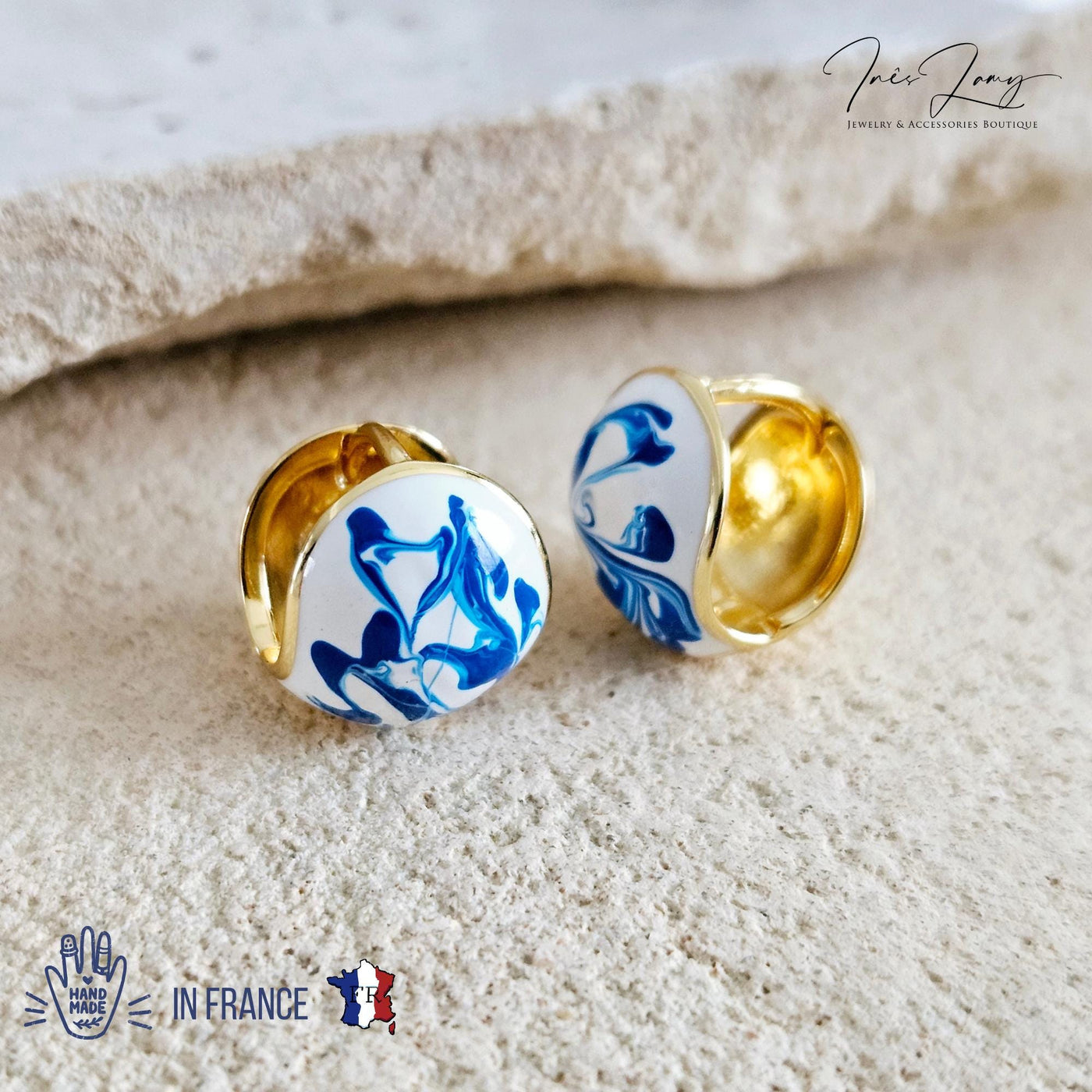 Globe Ball Hoop Earring Blue White Enamel Portugal Ocean Wave Pattern Handcrafted Unique Gift for Her Anniversary Jewelry Mediterranean Gift