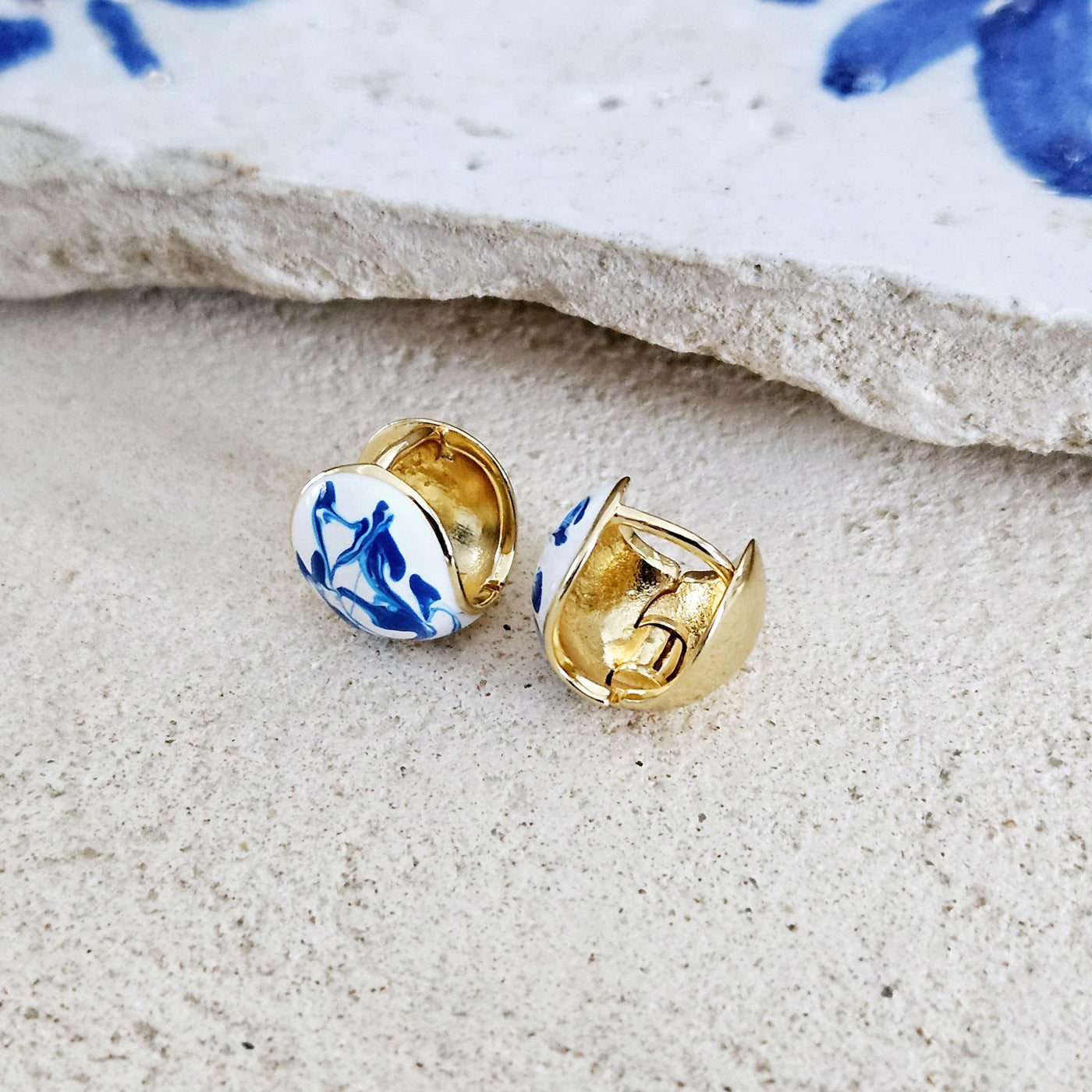Globe Ball Hoop Earring Blue White Enamel Portugal Ocean Wave Pattern Handcrafted Unique Gift for Her Anniversary Jewelry Mediterranean Gift