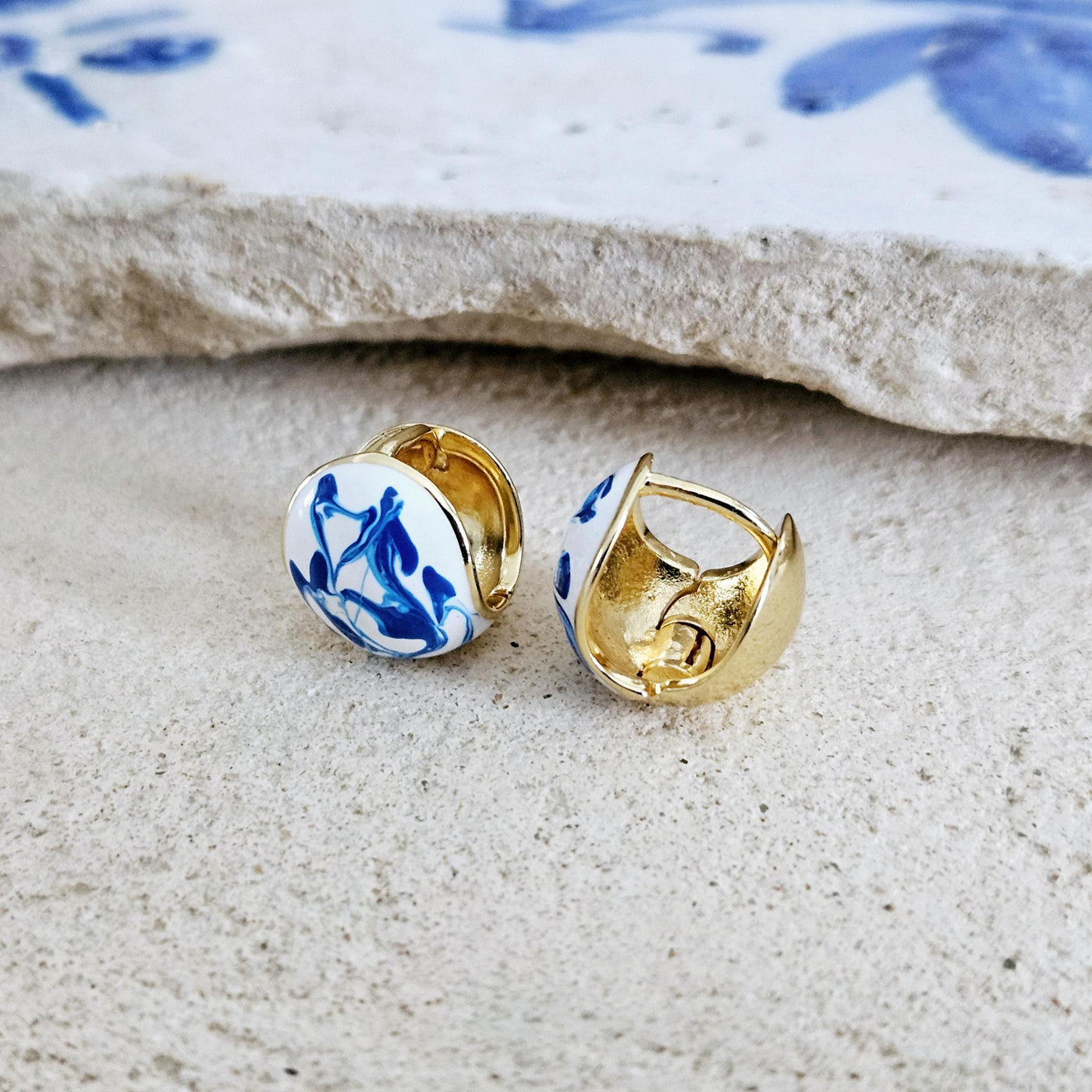 Globe Ball Hoop Earring Blue White Enamel Portugal Ocean Wave Pattern Handcrafted Unique Gift for Her Anniversary Jewelry Mediterranean Gift
