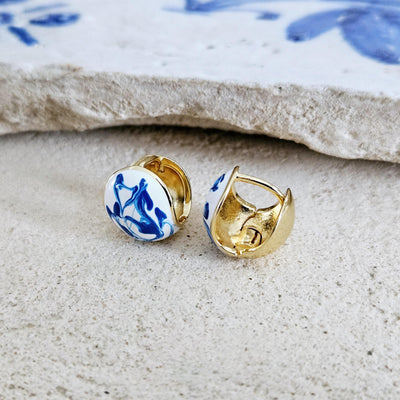 Globe Ball Hoop Earring Blue White Enamel Portugal Ocean Wave Pattern Handcrafted Unique Gift for Her Anniversary Jewelry Mediterranean Gift