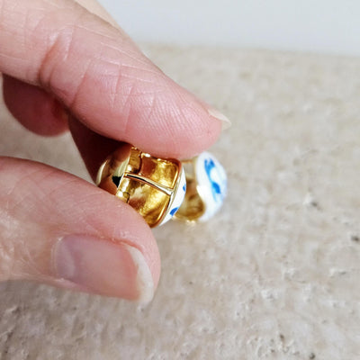 Globe Ball Hoop Earring Blue White Enamel Portugal Ocean Wave Pattern Handcrafted Unique Gift for Her Anniversary Jewelry Mediterranean Gift