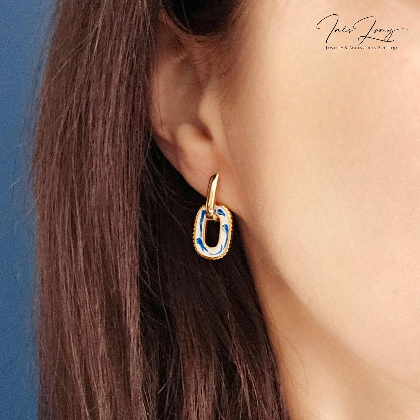 Round Rectangle 925 Gold Hoop Earring Blue White Enamel Ocean Wave Pattern Handcrafted Gift for Her Anniversary Jewelry Mediterranean Gift