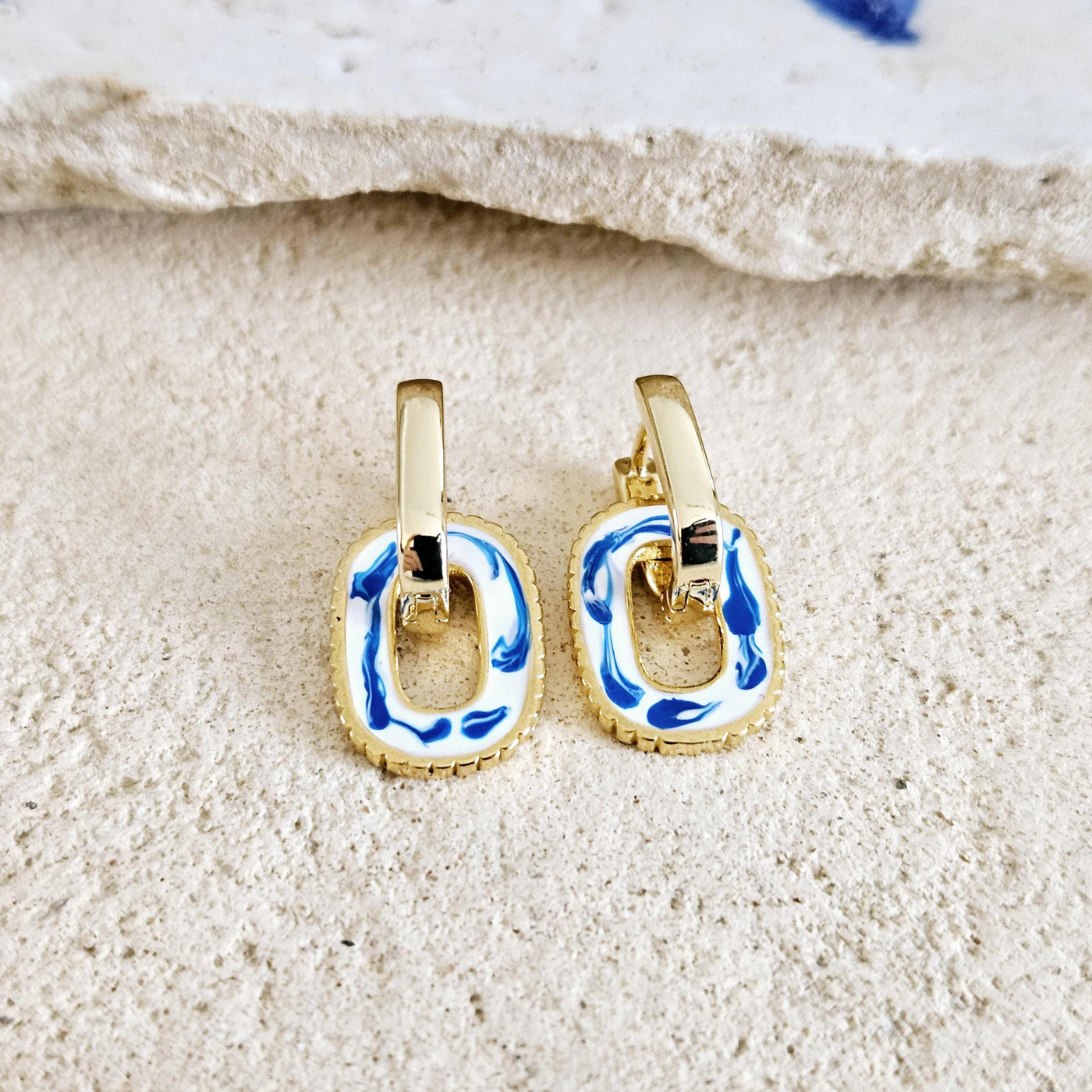 Round Rectangle 925 Gold Hoop Earring Blue White Enamel Ocean Wave Pattern Handcrafted Gift for Her Anniversary Jewelry Mediterranean Gift
