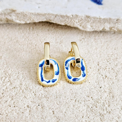 Round Rectangle 925 Gold Hoop Earring Blue White Enamel Ocean Wave Pattern Handcrafted Gift for Her Anniversary Jewelry Mediterranean Gift