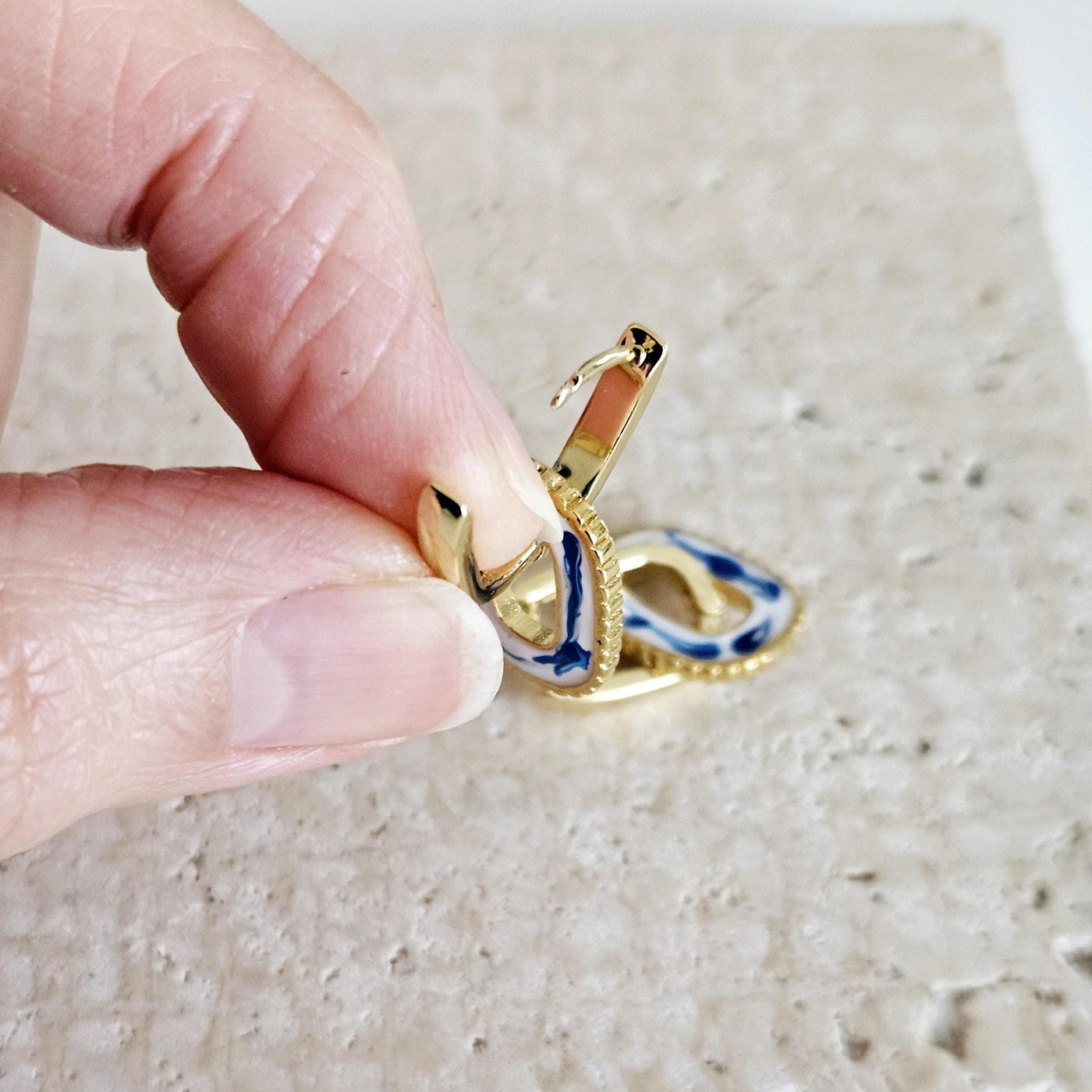 Round Rectangle 925 Gold Hoop Earring Blue White Enamel Ocean Wave Pattern Handcrafted Gift for Her Anniversary Jewelry Mediterranean Gift