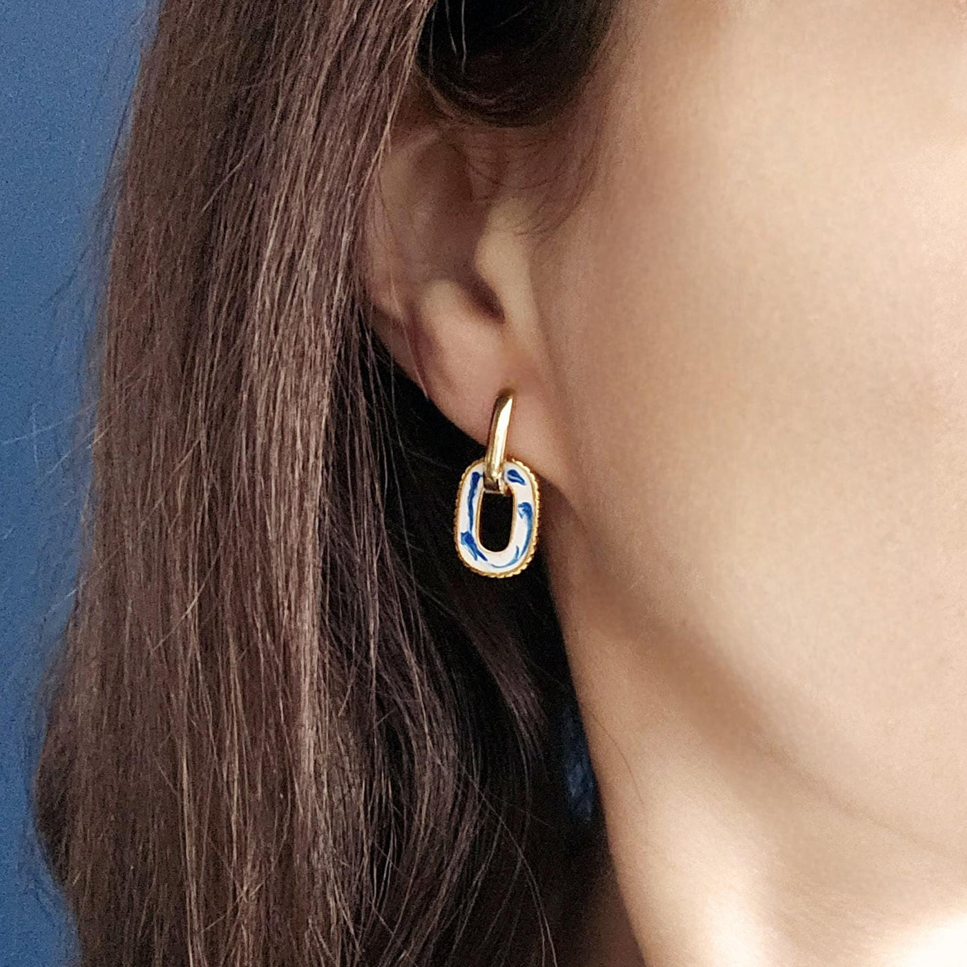 Round Rectangle 925 Gold Hoop Earring Blue White Enamel Ocean Wave Pattern Handcrafted Gift for Her Anniversary Jewelry Mediterranean Gift