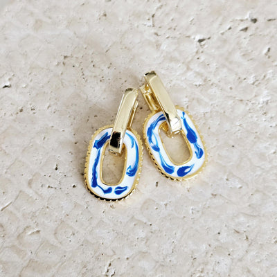 Round Rectangle 925 Gold Hoop Earring Blue White Enamel Ocean Wave Pattern Handcrafted Gift for Her Anniversary Jewelry Mediterranean Gift