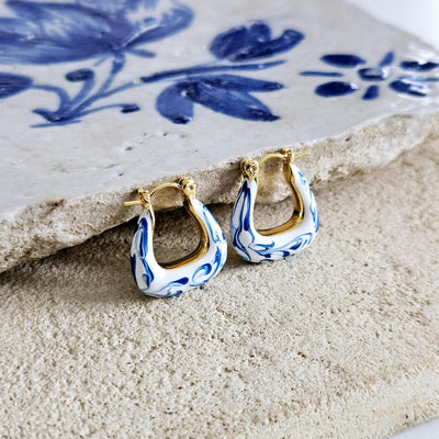 Geometric Gold Vermeil Hoop Earring Blue White Enamel Ocean Wave Pattern Handcrafted Gift for Her Anniversary Jewelry Mediterranean Gift