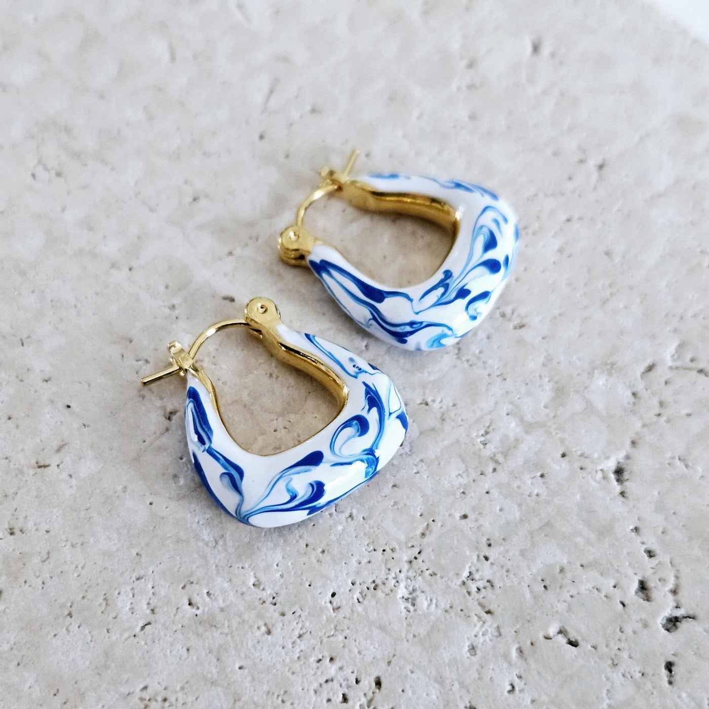 Geometric Gold Vermeil Hoop Earring Blue White Enamel Ocean Wave Pattern Handcrafted Gift for Her Anniversary Jewelry Mediterranean Gift