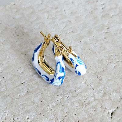 Geometric Gold Vermeil Hoop Earring Blue White Enamel Ocean Wave Pattern Handcrafted Gift for Her Anniversary Jewelry Mediterranean Gift