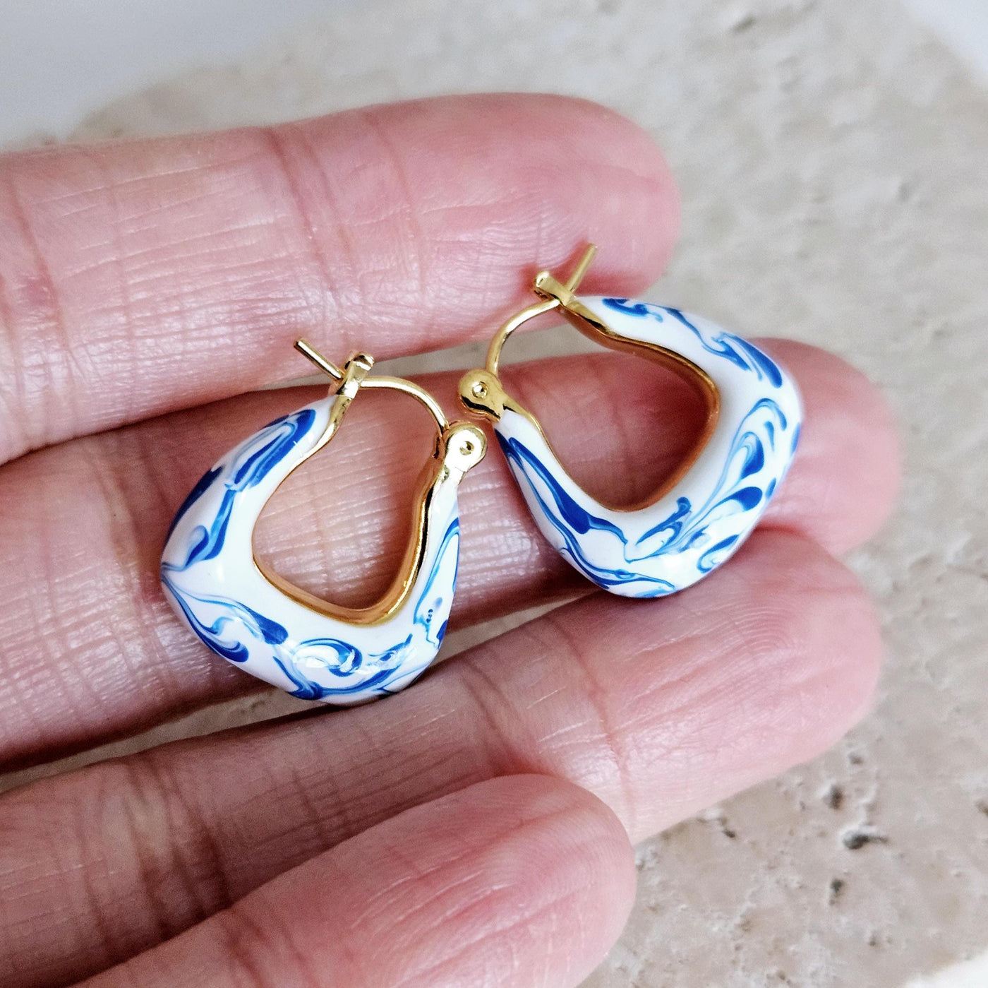 Geometric Gold Vermeil Hoop Earring Blue White Enamel Ocean Wave Pattern Handcrafted Gift for Her Anniversary Jewelry Mediterranean Gift