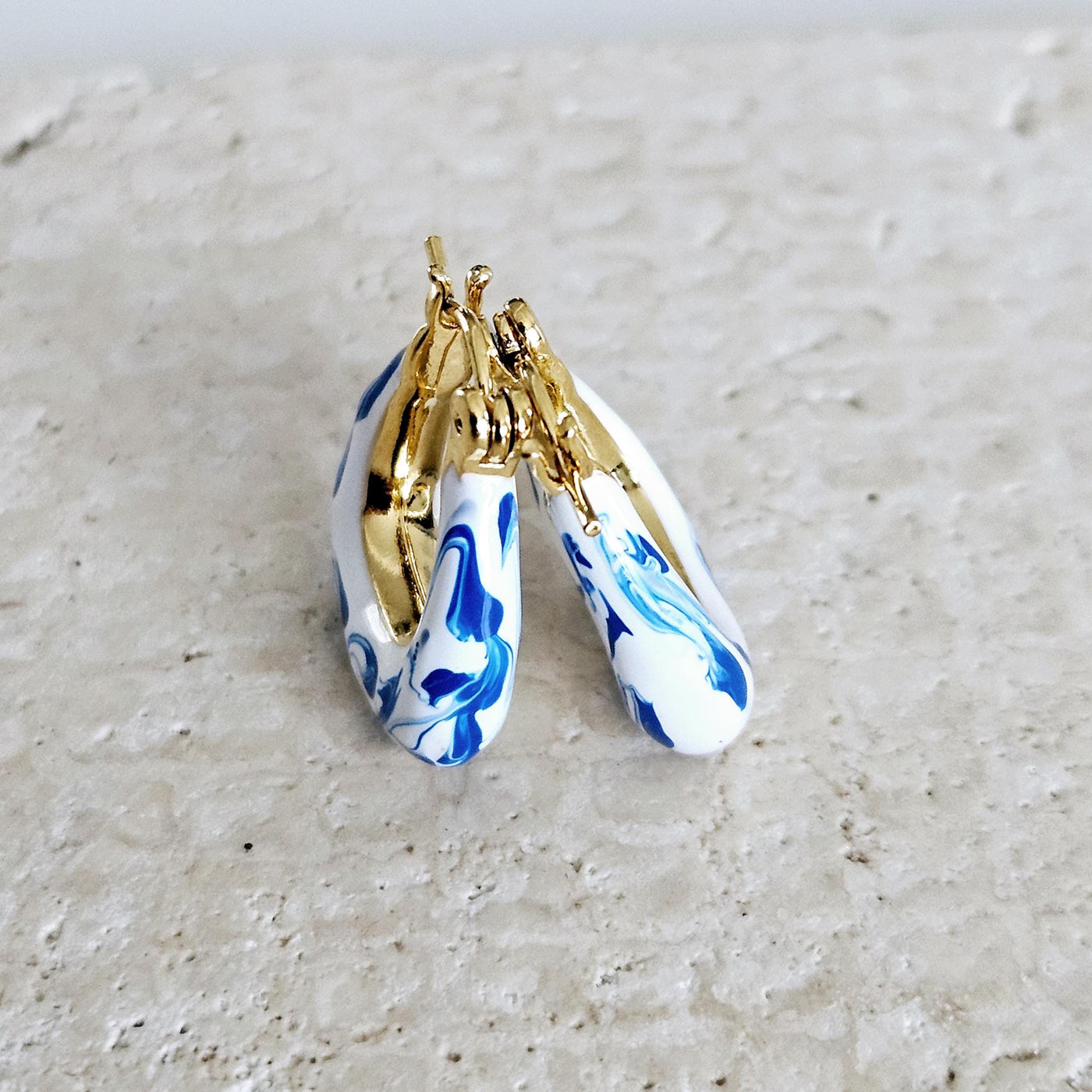 Geometric Gold Vermeil Hoop Earring Blue White Enamel Ocean Wave Pattern Handcrafted Gift for Her Anniversary Jewelry Mediterranean Gift