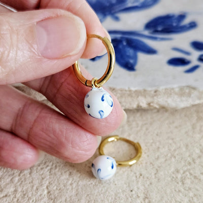 GOLD HOOP Enamel Globe Ball Charm Earring Ceramic Inspired Earring Blue White Wavy Pattern Jewelry Pottery Birthday Gift Mediterranean Charm