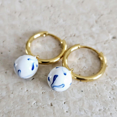 GOLD HOOP Enamel Globe Ball Charm Earring Ceramic Inspired Earring Blue White Wavy Pattern Jewelry Pottery Birthday Gift Mediterranean Charm