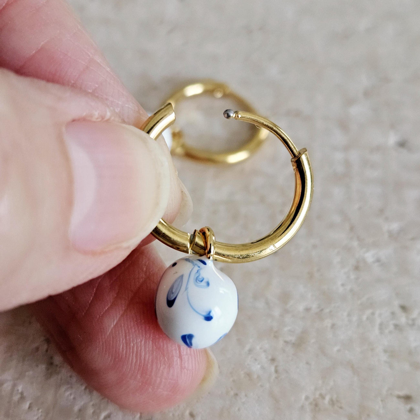 GOLD HOOP Enamel Globe Ball Charm Earring Ceramic Inspired Earring Blue White Wavy Pattern Jewelry Pottery Birthday Gift Mediterranean Charm