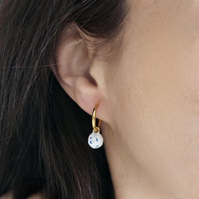 GOLD HOOP Enamel Globe Ball Charm Earring Ceramic Inspired Earring Blue White Wavy Pattern Jewelry Pottery Birthday Gift Mediterranean Charm