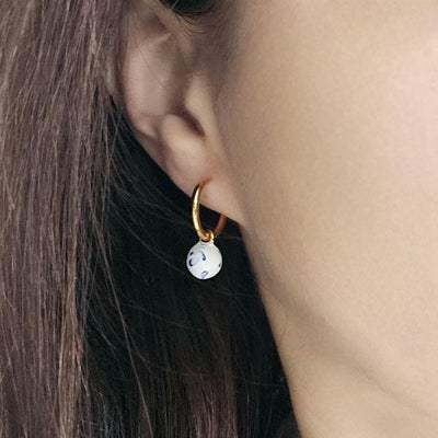GOLD HOOP Enamel Globe Ball Charm Earring Ceramic Inspired Earring Blue White Wavy Pattern Jewelry Pottery Birthday Gift Mediterranean Charm