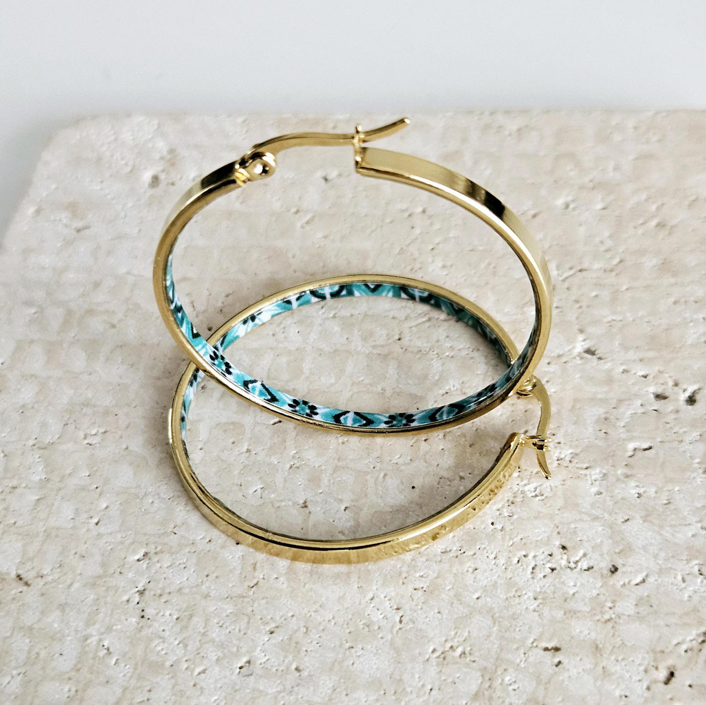 GOLD GREEN Flat HOOP Tile Earring Portugal Stainless Steel Azulejo Delicate Gold Hoop Historical Gold Jewelry Travel Gift Portuguese Tile