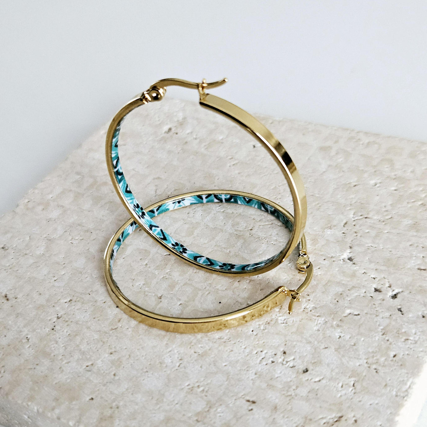 GOLD GREEN Flat HOOP Tile Earring Portugal Stainless Steel Azulejo Delicate Gold Hoop Historical Gold Jewelry Travel Gift Portuguese Tile