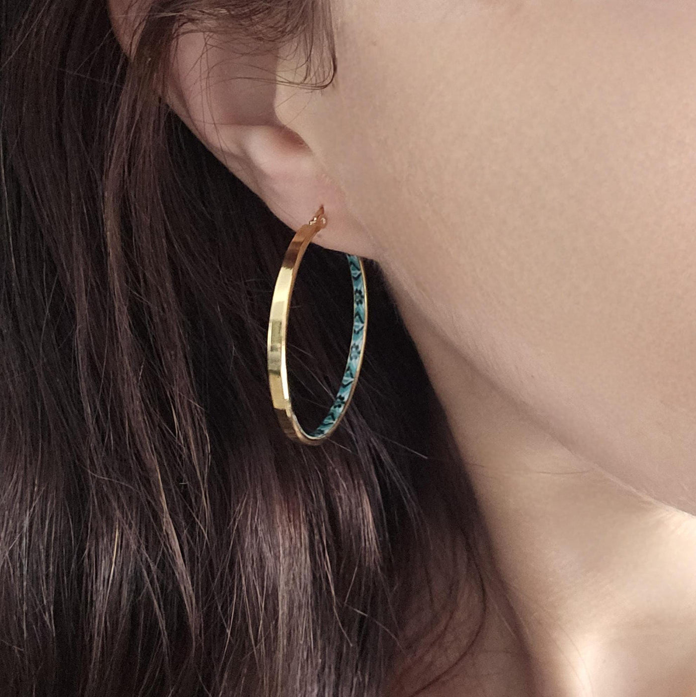 GOLD GREEN Flat HOOP Tile Earring Portugal Stainless Steel Azulejo Delicate Gold Hoop Historical Gold Jewelry Travel Gift Portuguese Tile