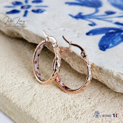 ROSE GOLD Etched Hoop Earrings Pink White Inlay Tile Hoops Portuguese Tile Jewelry Anniversary Gift for Women Stainless Steel 22mm|0.9"