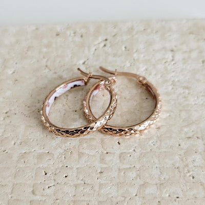 ROSE GOLD Etched Hoop Earrings Pink White Inlay Tile Hoops Portuguese Tile Jewelry Anniversary Gift for Women Stainless Steel 22mm|0.9"