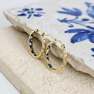 GOLD Etched Hoop Earrings Yellow Blue Inlay Tile Hoop Portuguese Tile Jewelry Anniversary Birthday Gift for Women Stainless Steel 22mm|0.9"