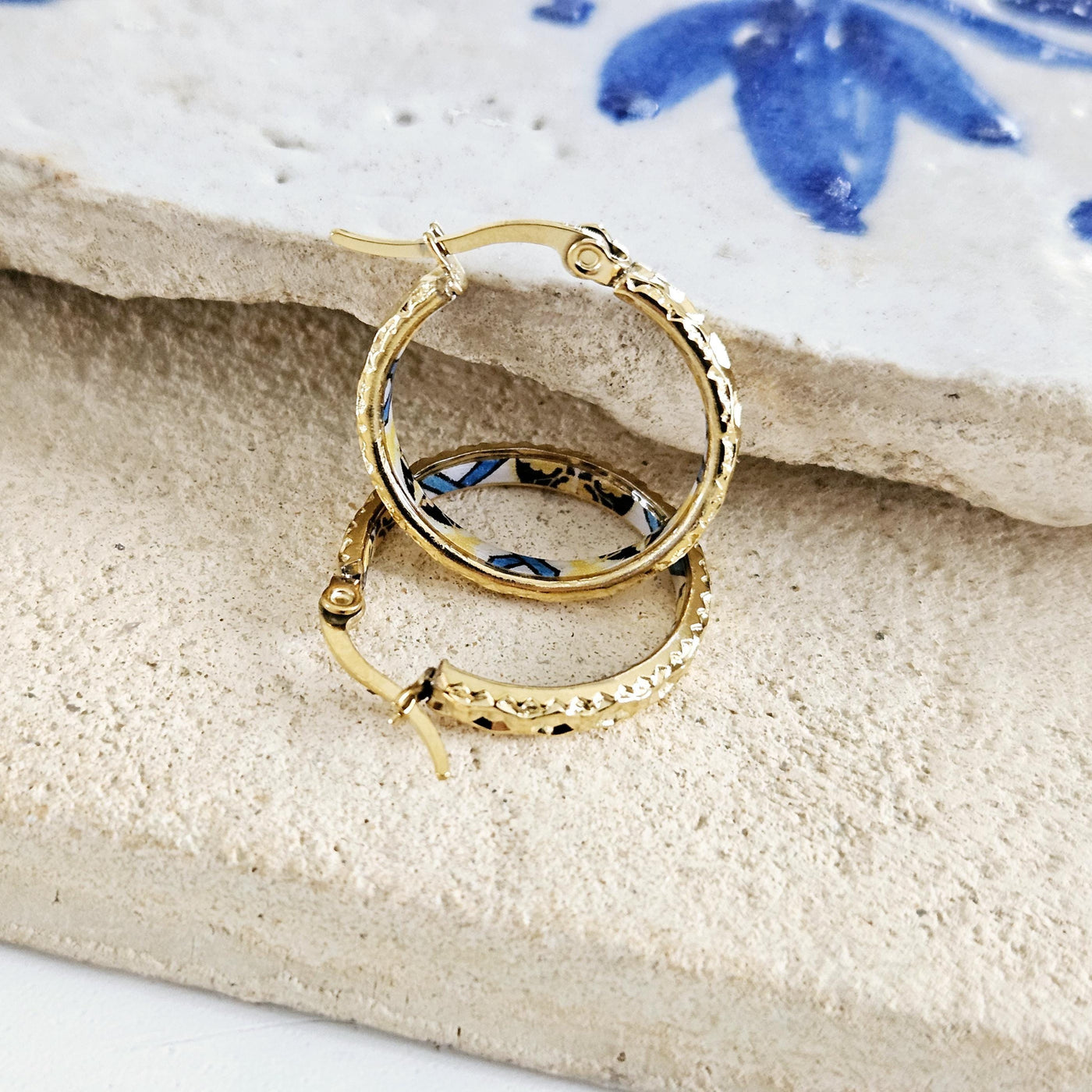 GOLD Etched Hoop Earrings Yellow Blue Inlay Tile Hoop Portuguese Tile Jewelry Anniversary Birthday Gift for Women Stainless Steel 22mm|0.9"