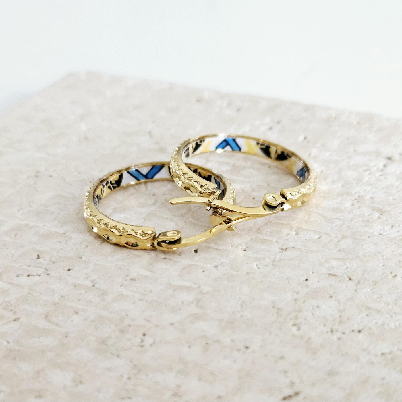 GOLD Etched Hoop Earrings Yellow Blue Inlay Tile Hoop Portuguese Tile Jewelry Anniversary Birthday Gift for Women Stainless Steel 22mm|0.9"