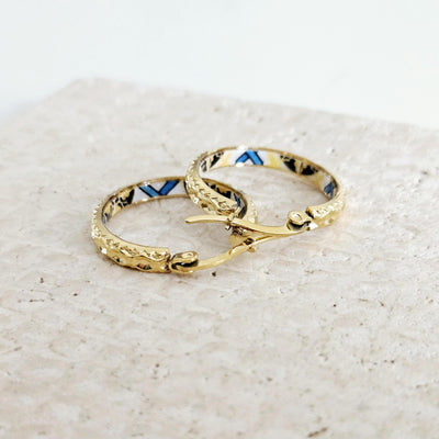 GOLD Etched Hoop Earrings Yellow Blue Inlay Tile Hoop Portuguese Tile Jewelry Anniversary Birthday Gift for Women Stainless Steel 22mm|0.9"