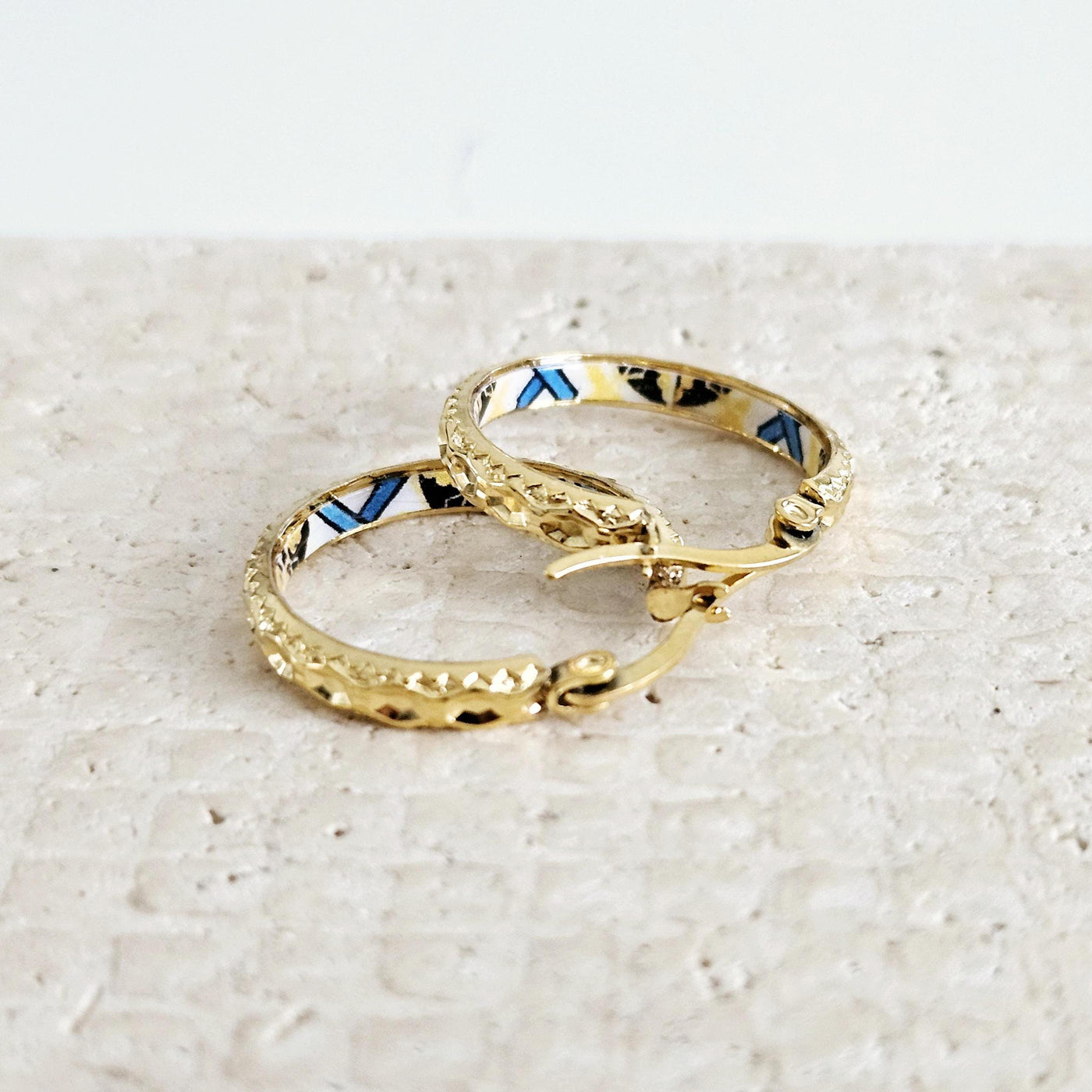 GOLD Etched Hoop Earrings Yellow Blue Inlay Tile Hoop Portuguese Tile Jewelry Anniversary Birthday Gift for Women Stainless Steel 22mm|0.9"