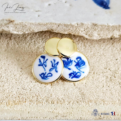 925 Small Blue White GOLD Vermeil Stud Hoop Earring Blue Azulejo Inspired Statement Handmade Gift Enamel Hoop Gift Wife Jewelry for Her