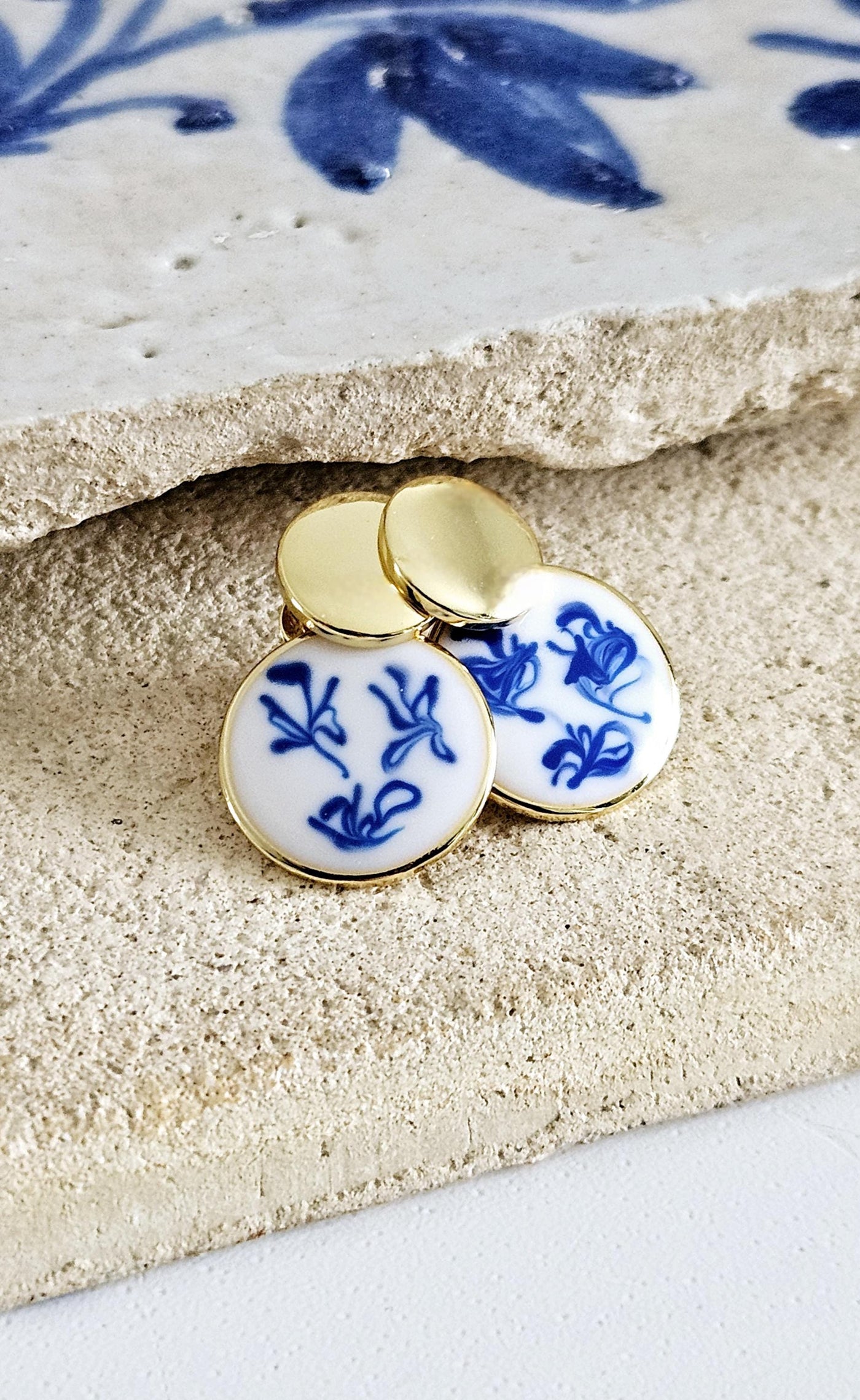 925 Small Blue White GOLD Vermeil Stud Hoop Earring Blue Azulejo Inspired Statement Handmade Gift Enamel Hoop Gift Wife Jewelry for Her