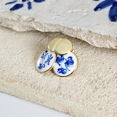 925 Small Blue White GOLD Vermeil Stud Hoop Earring Blue Azulejo Inspired Statement Handmade Gift Enamel Hoop Gift Wife Jewelry for Her